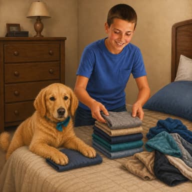 Bucky resting a paw on a folded stack while Carson puts his laundry away.