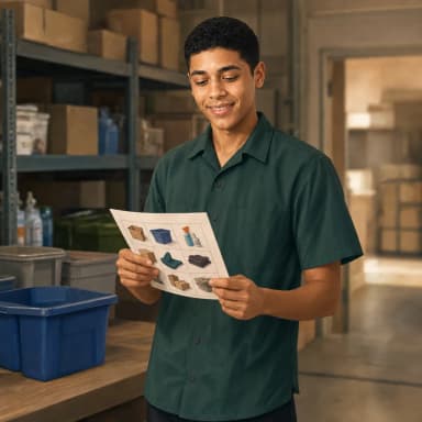Mateo checking his printed picture checklist in the stockroom.