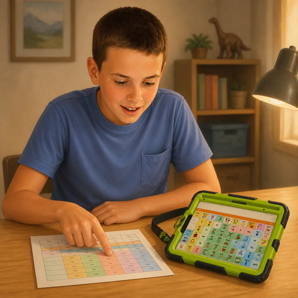 Carson reviewing his class schedule at his desk, his communication device beside him.