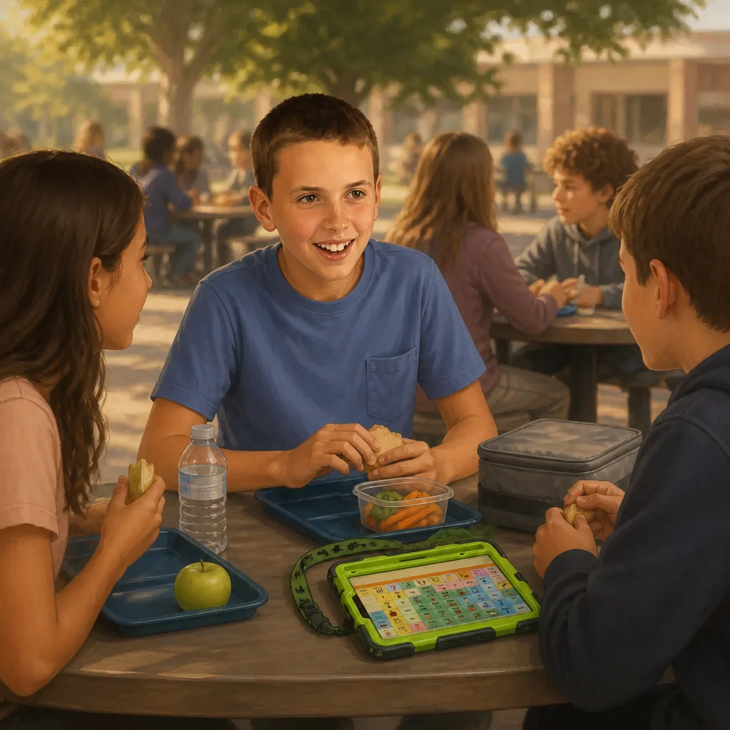 Carson eating lunch at an outdoor table with his classmates, his communication device on the table.