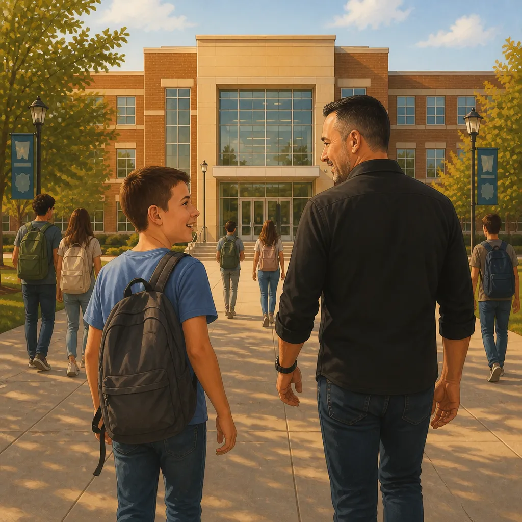 Carson and his dad walking up to Westview High School on his first day.