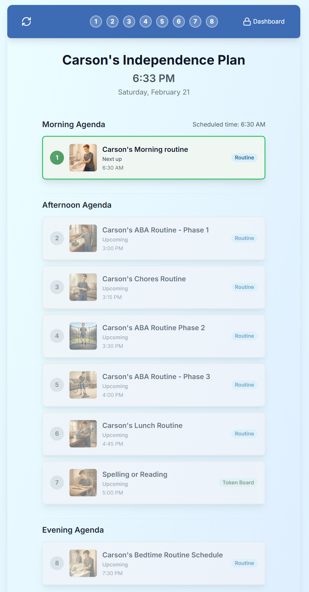 Carson's Independence Plan showing a full day of scheduled activities organized by Morning, Afternoon, and Evening Agenda with personalized illustrations