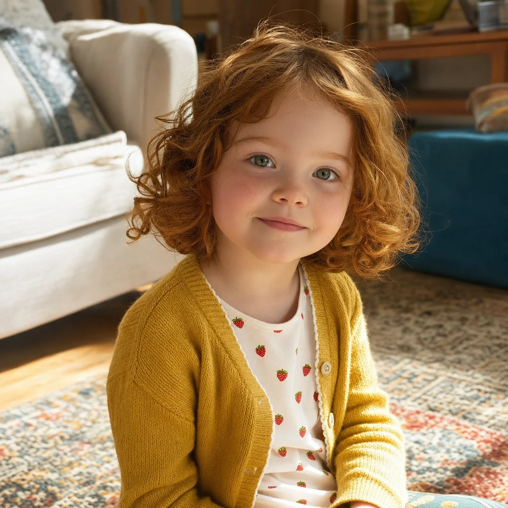 A child in a mustard cardigan, photographed at home