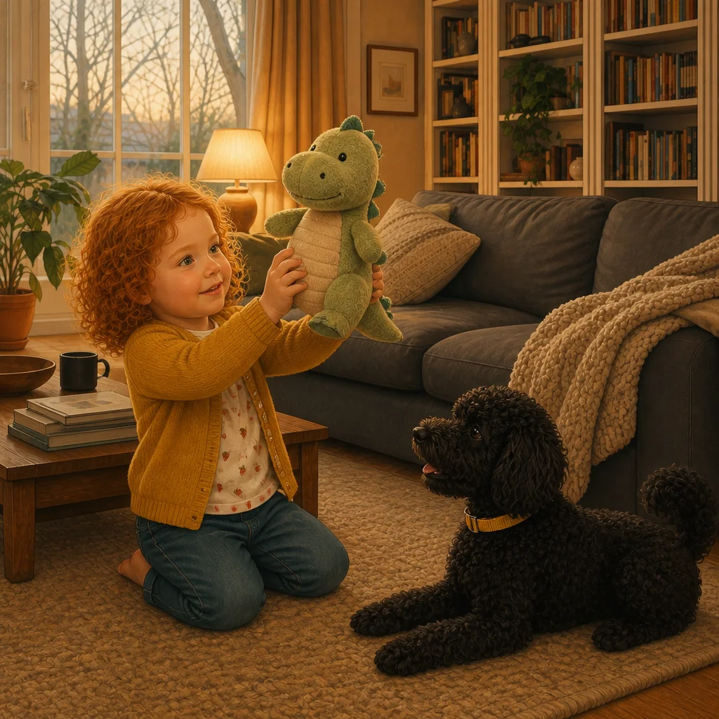 The child holding the dinosaur in that living room, dog beside her