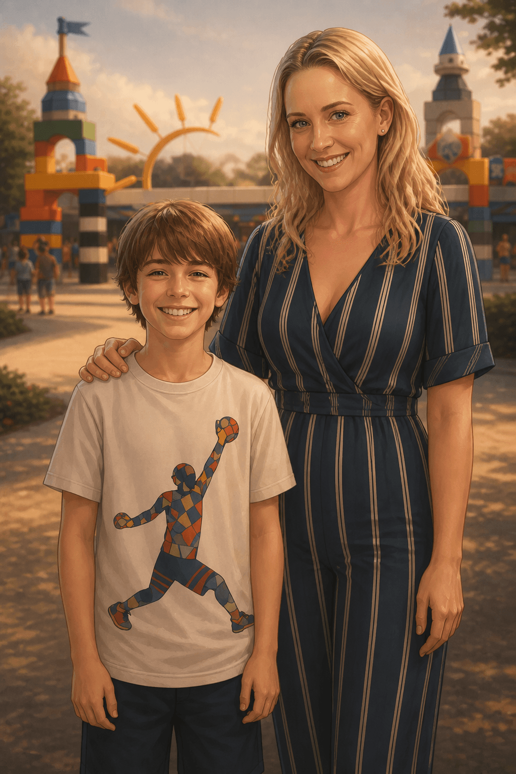 Connor and his mom at Legoland in one of his personalized stories