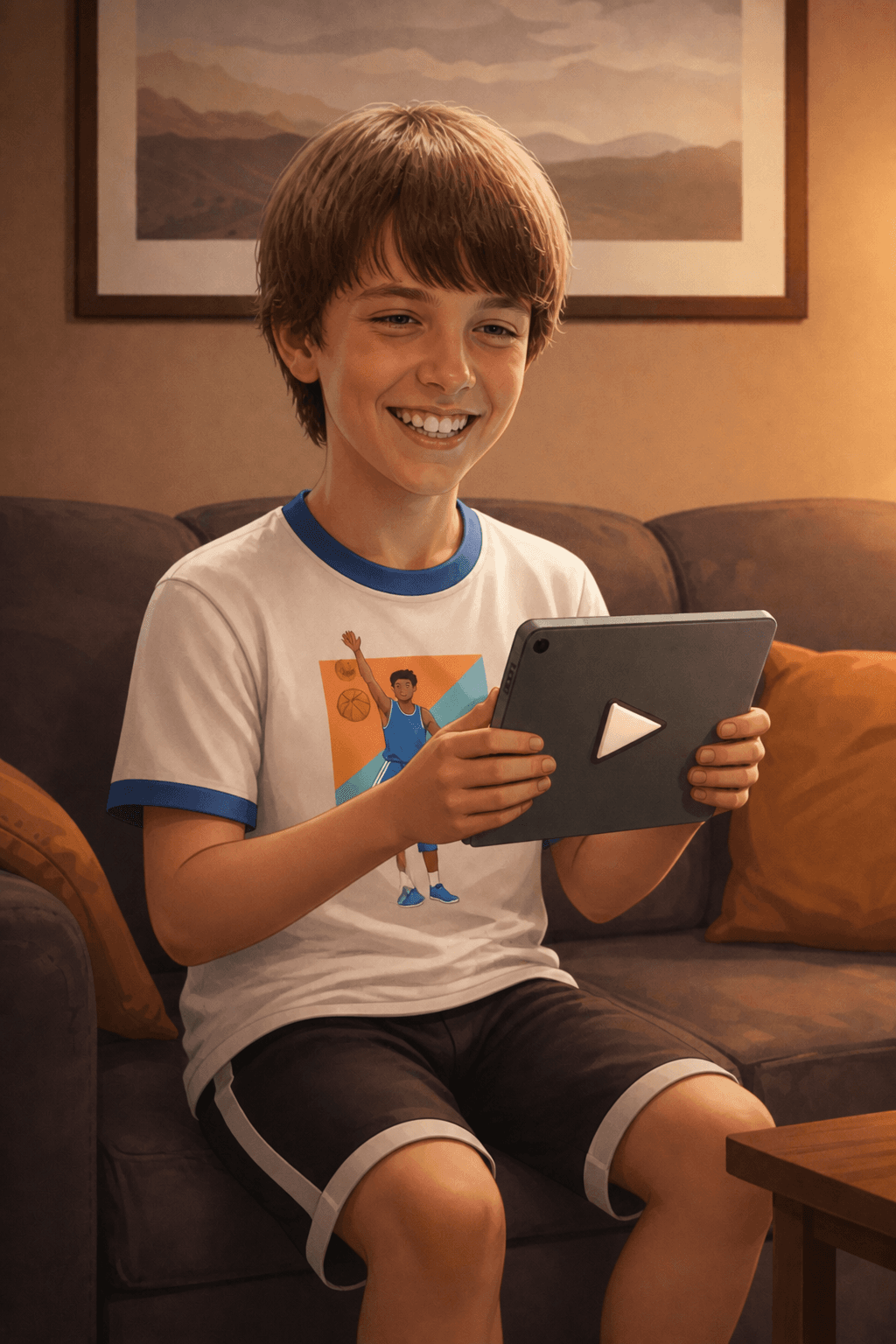 Connor on the couch reading his own personalized story on a tablet