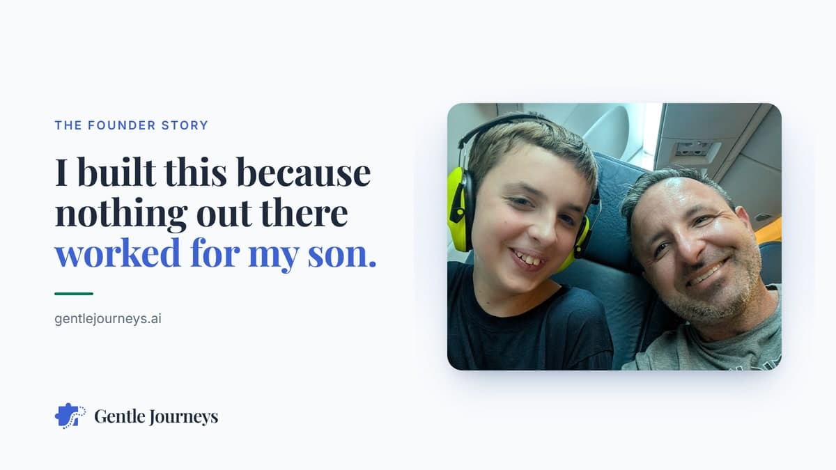 Sean and his son Carson smiling together on an airplane, Carson wearing his ear protection headphones