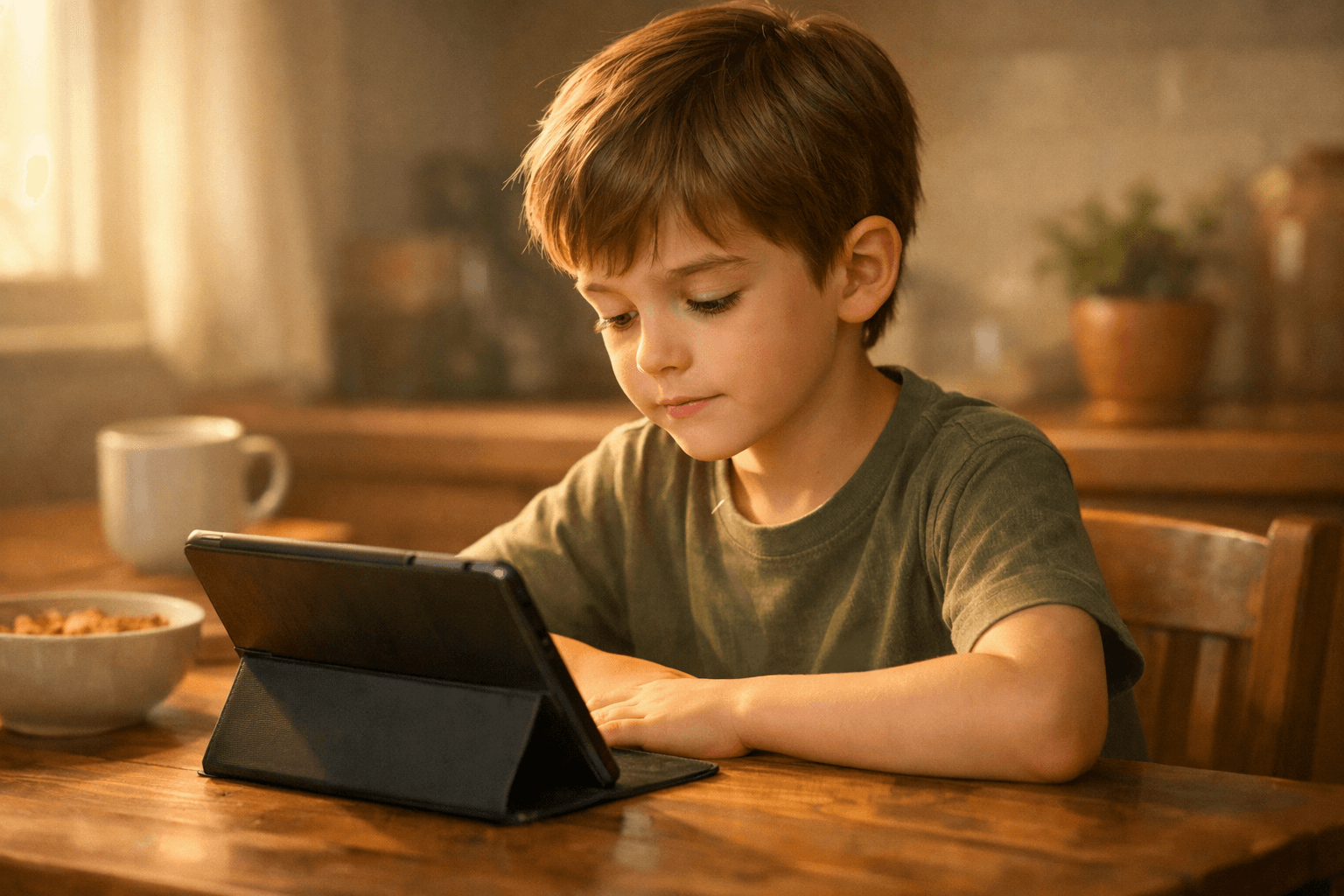 A young boy sitting at a kitchen table in warm morning light, focused and engaged while using a tablet