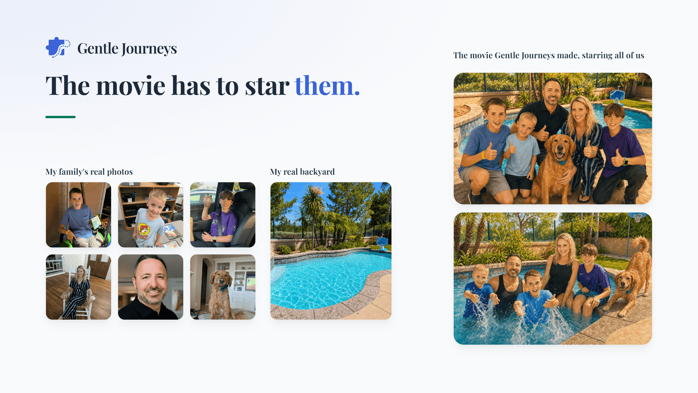 Six real photos of my family and our real backyard pool, beside two illustrated scenes Gentle Journeys made of all of us, including the dog, at that same pool.