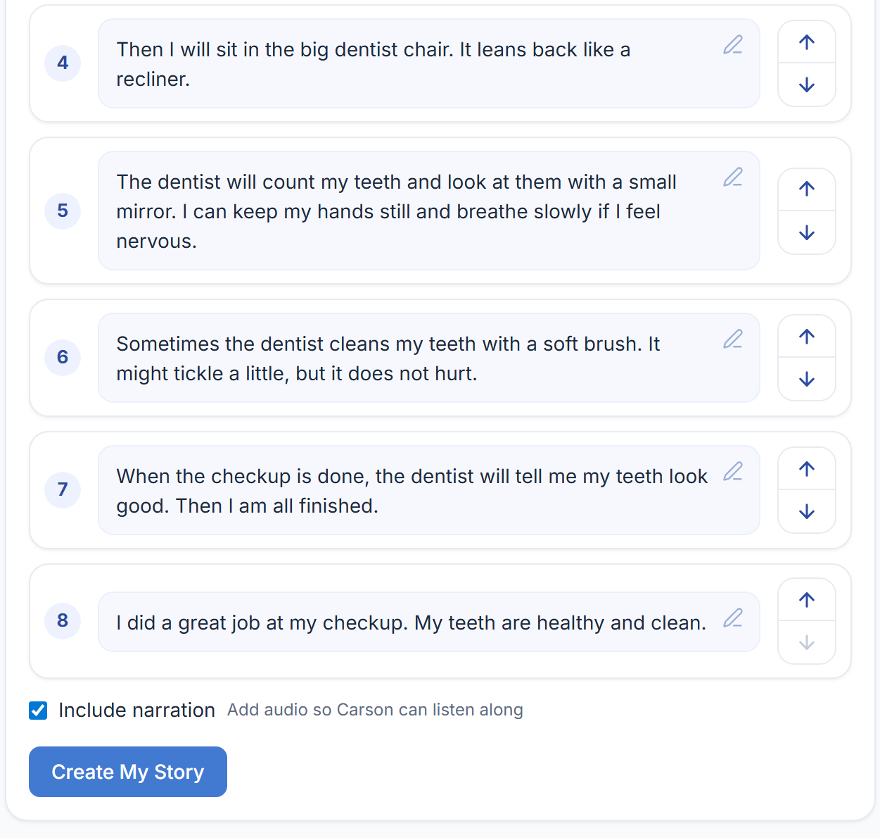 An eight page draft with a Create My Story button