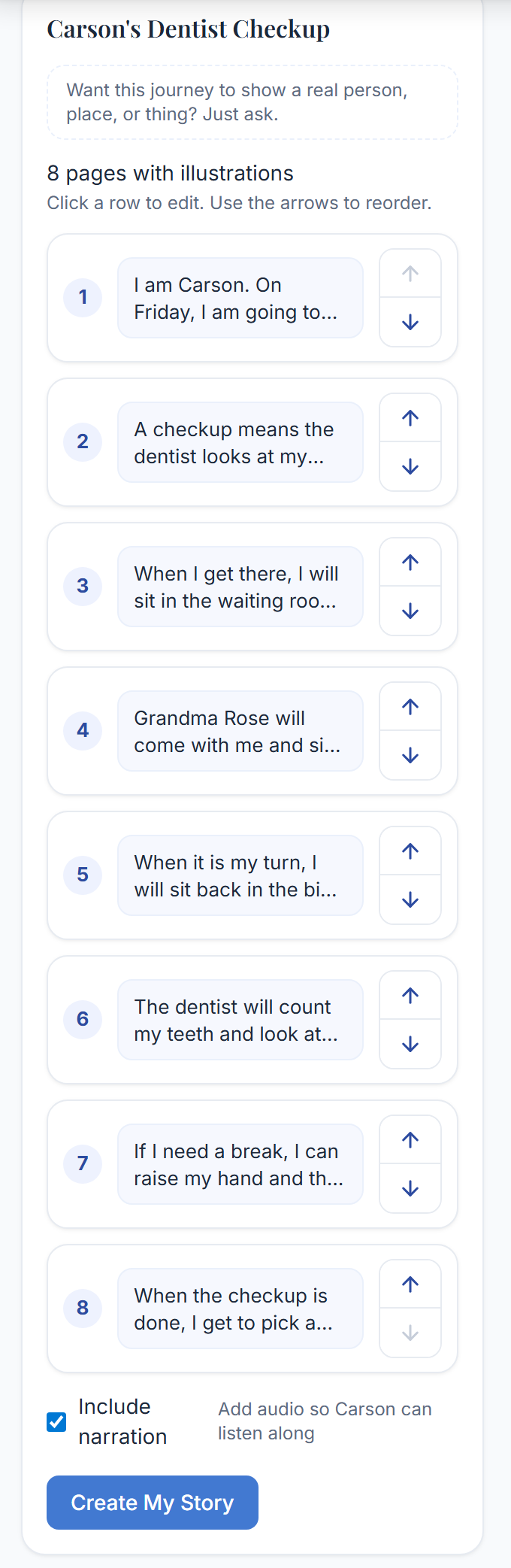 An eight page draft with a Create My Story button
