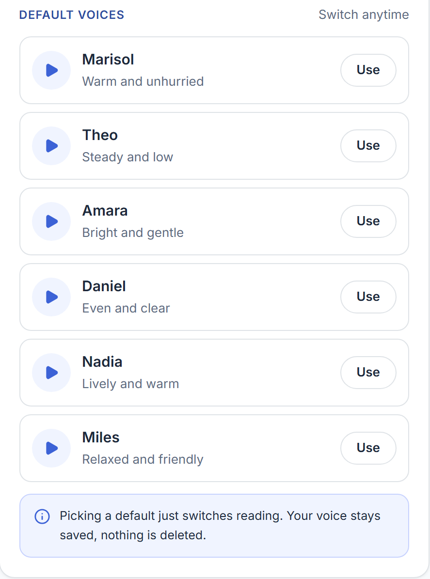 Six voices, each with a play control