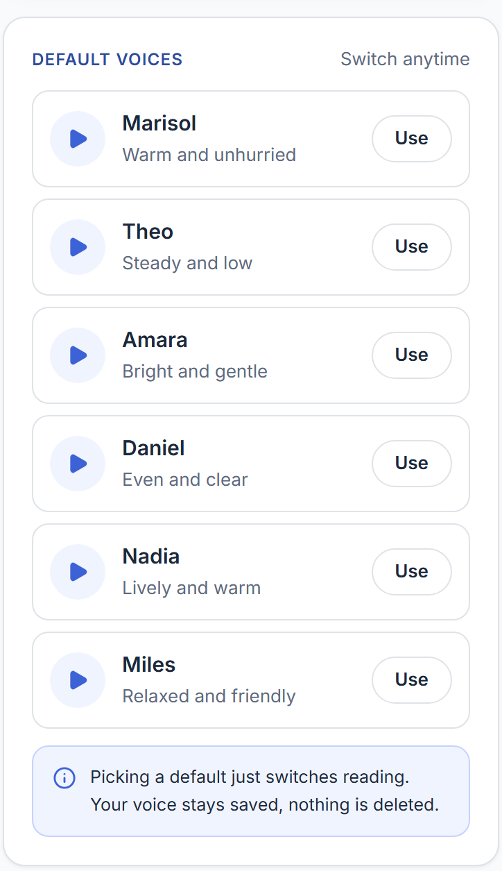 Six voices, each with a play control